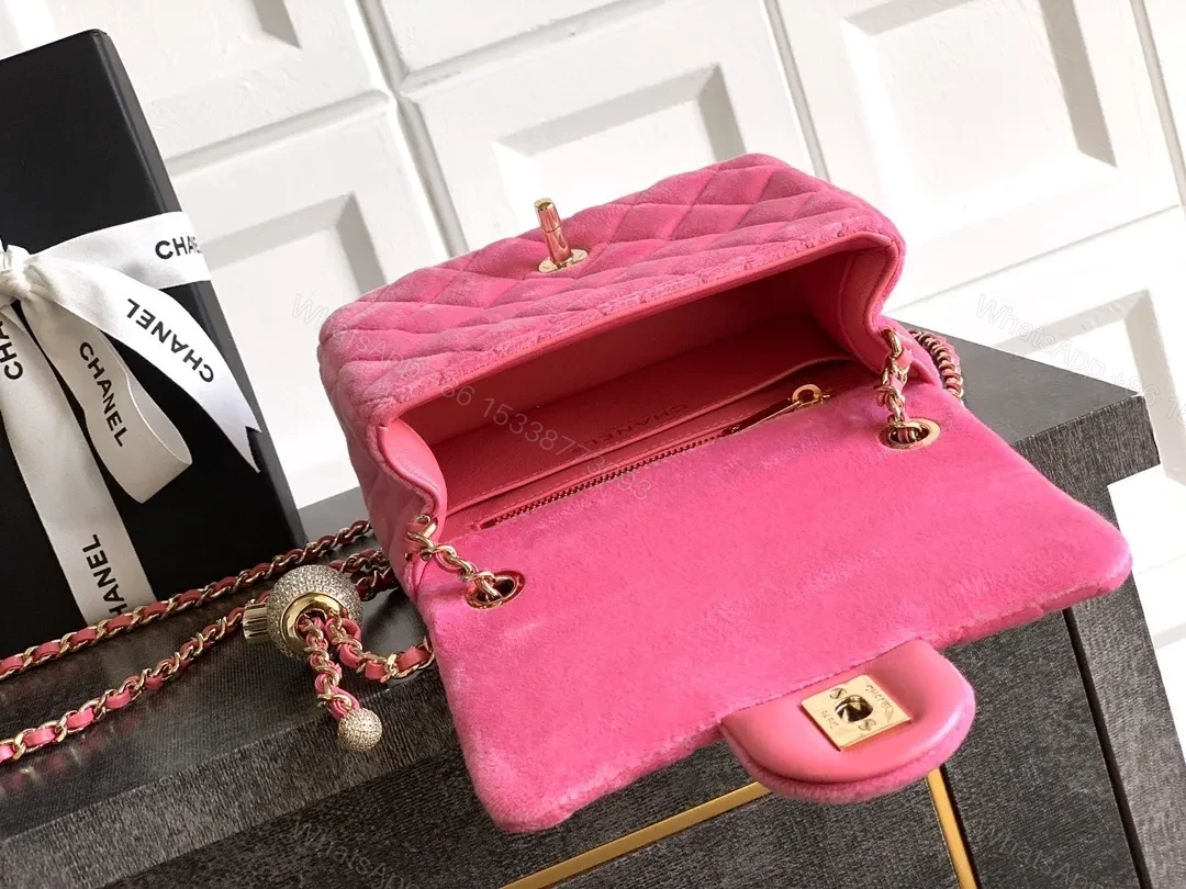 View 3 of Pink Velvet Quilted Flap Bag with Gold Hardware