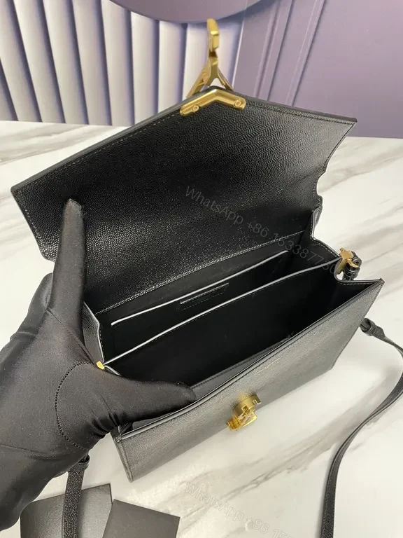 View 9 of Black Pebbled Leather Flap Bag - Gold Logo, Structured Chic Bag