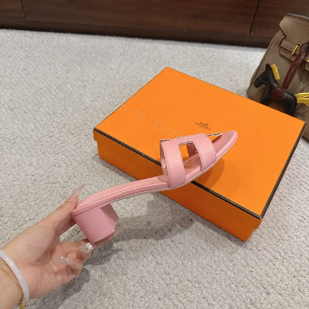 View 9 of Pink Leather H-Style Slide Sandals, Hermès-Inspired, Classic Platform Slide