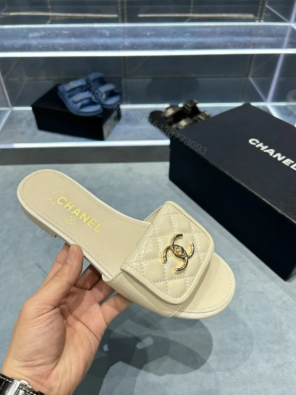 View 6 of Beige Quilted Strap Slide Sandals with Gold Double-C Logo