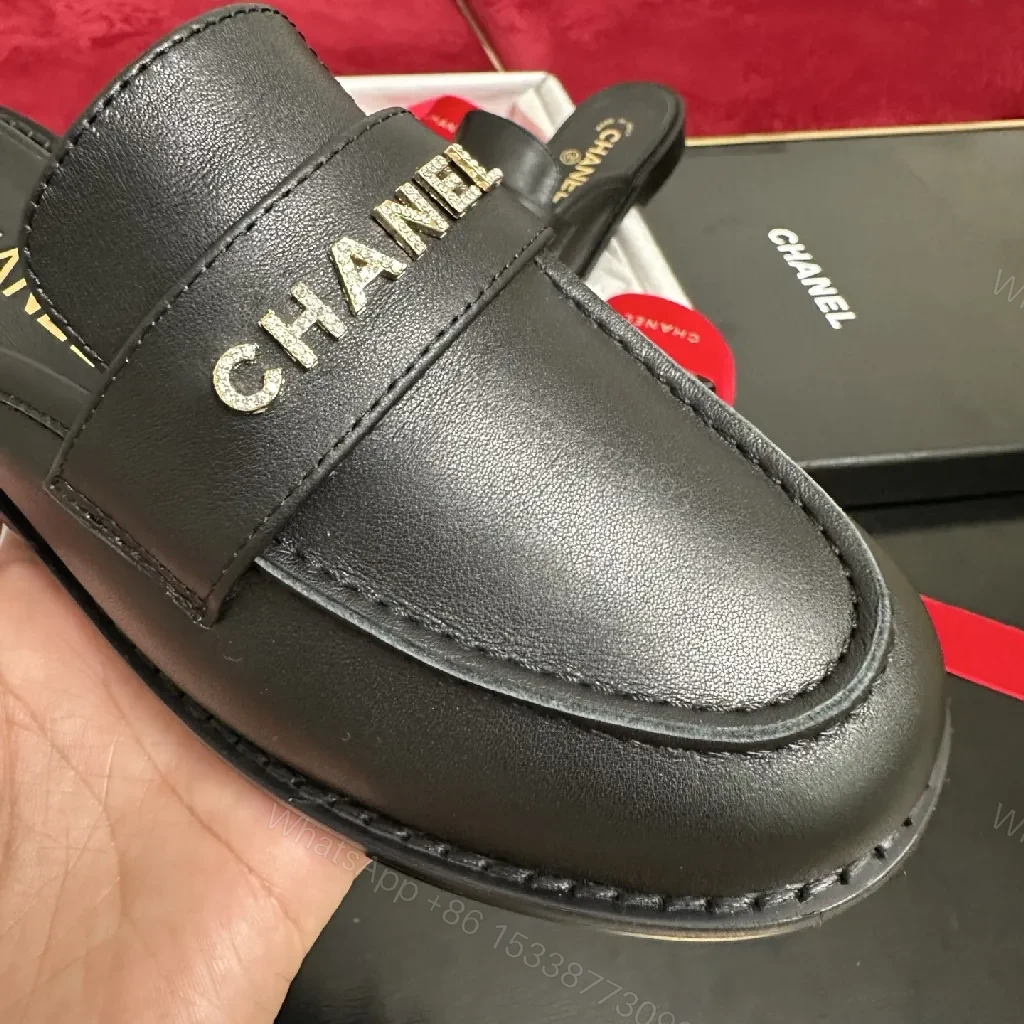 View 3 of Black Leather Slip-Ons with Gold Lettering Luxury Everyday Comfort
