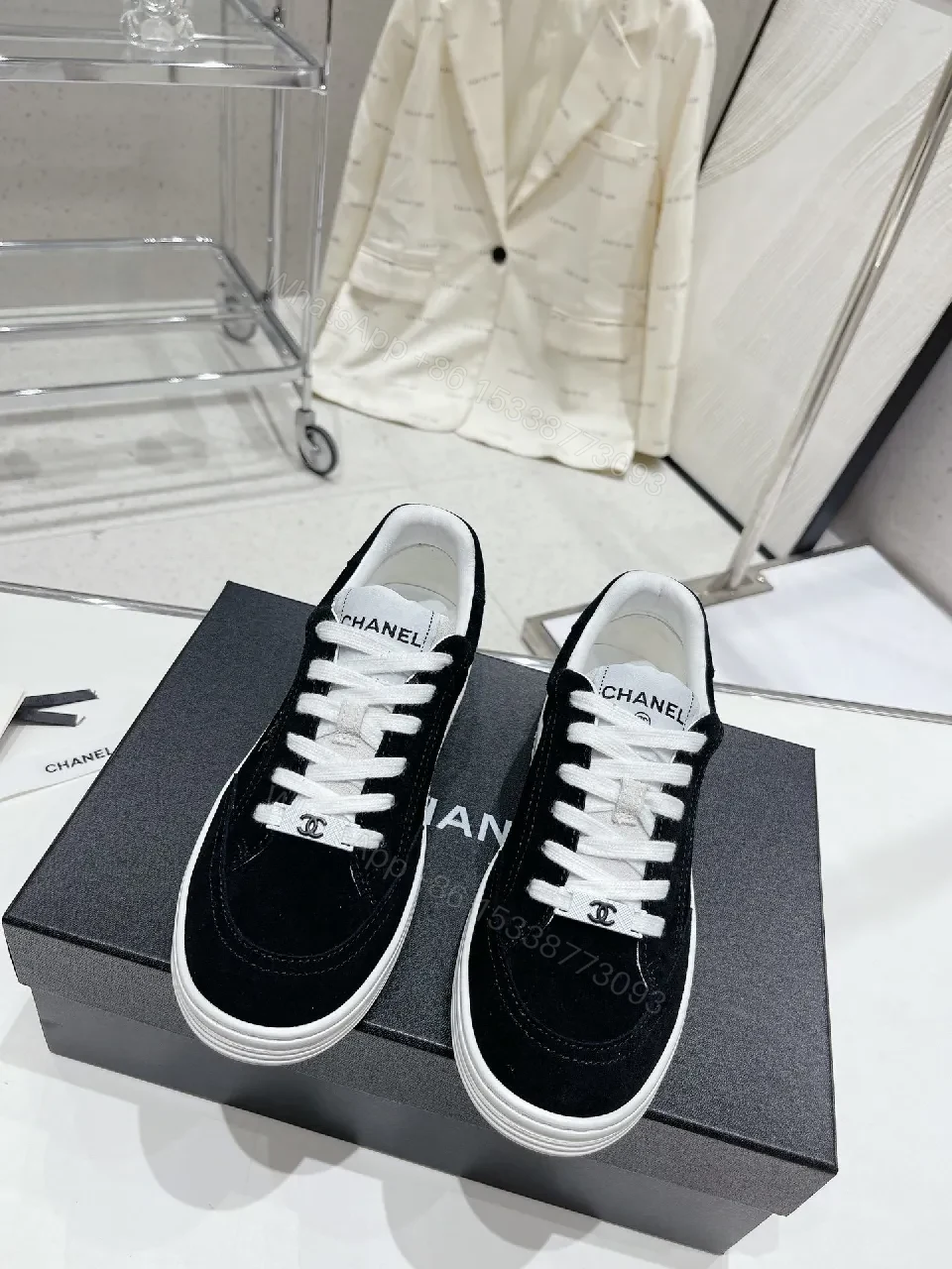 View 4 of Black & White Suede Leather Sneakers - Subtle Logo Details, Everyday High-Tops