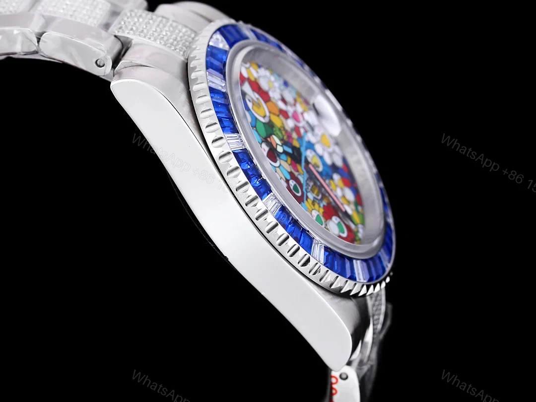 View 5 of Rolex Submariner Colorful Blue Bezel Replica 42MM Premium Pavé Oyster Bracelet RG-ROLEX-SUB-COLORFUL-BLUE-42