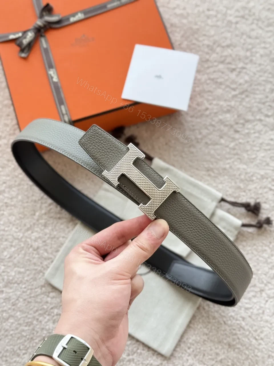 Taupe Pebbled Leather Belt with H Buckle - Luxe Everyday Style — view 1
