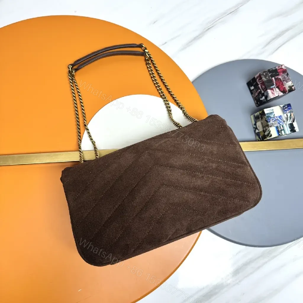 View 7 of Brown Suede Shoulder Bag with Gold Hardware Clasp