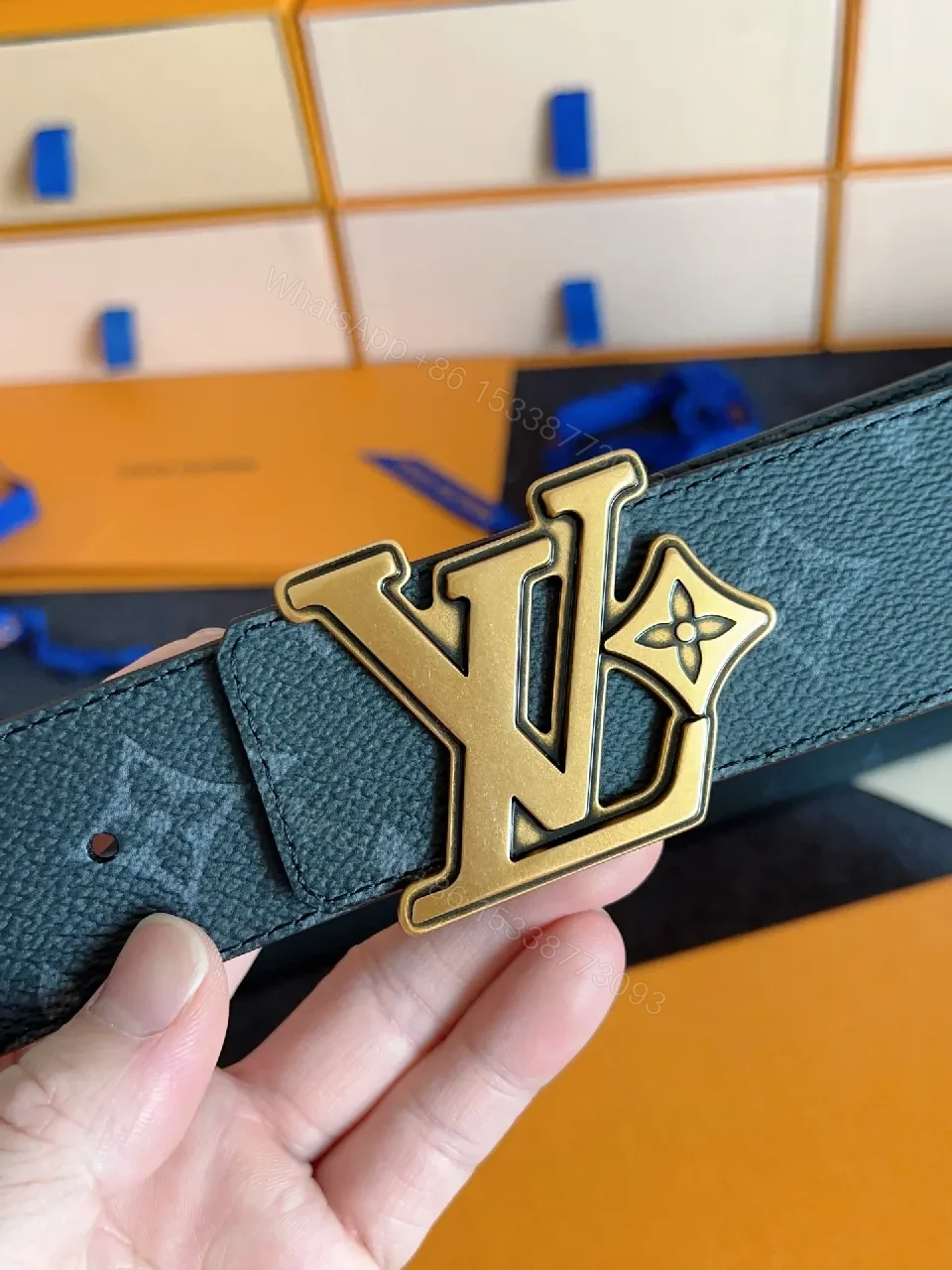 View 8 of Navy Leather Belt + Oversized Gold Buckle + Modern Luxury + Everyday Versatility Belt