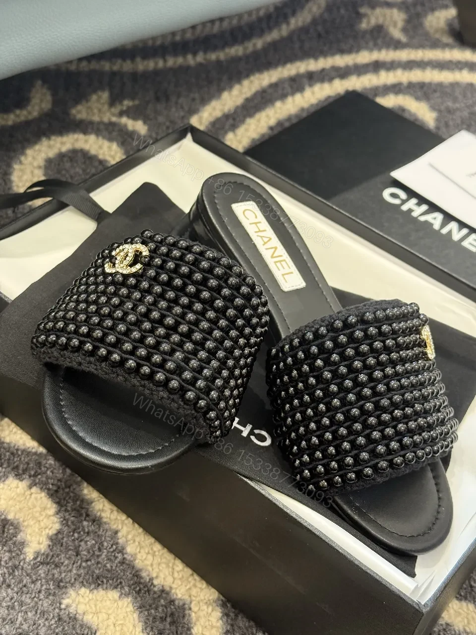 View 9 of Beaded Black Slide Sandals, Luxe-Beam, All-Day Comfort