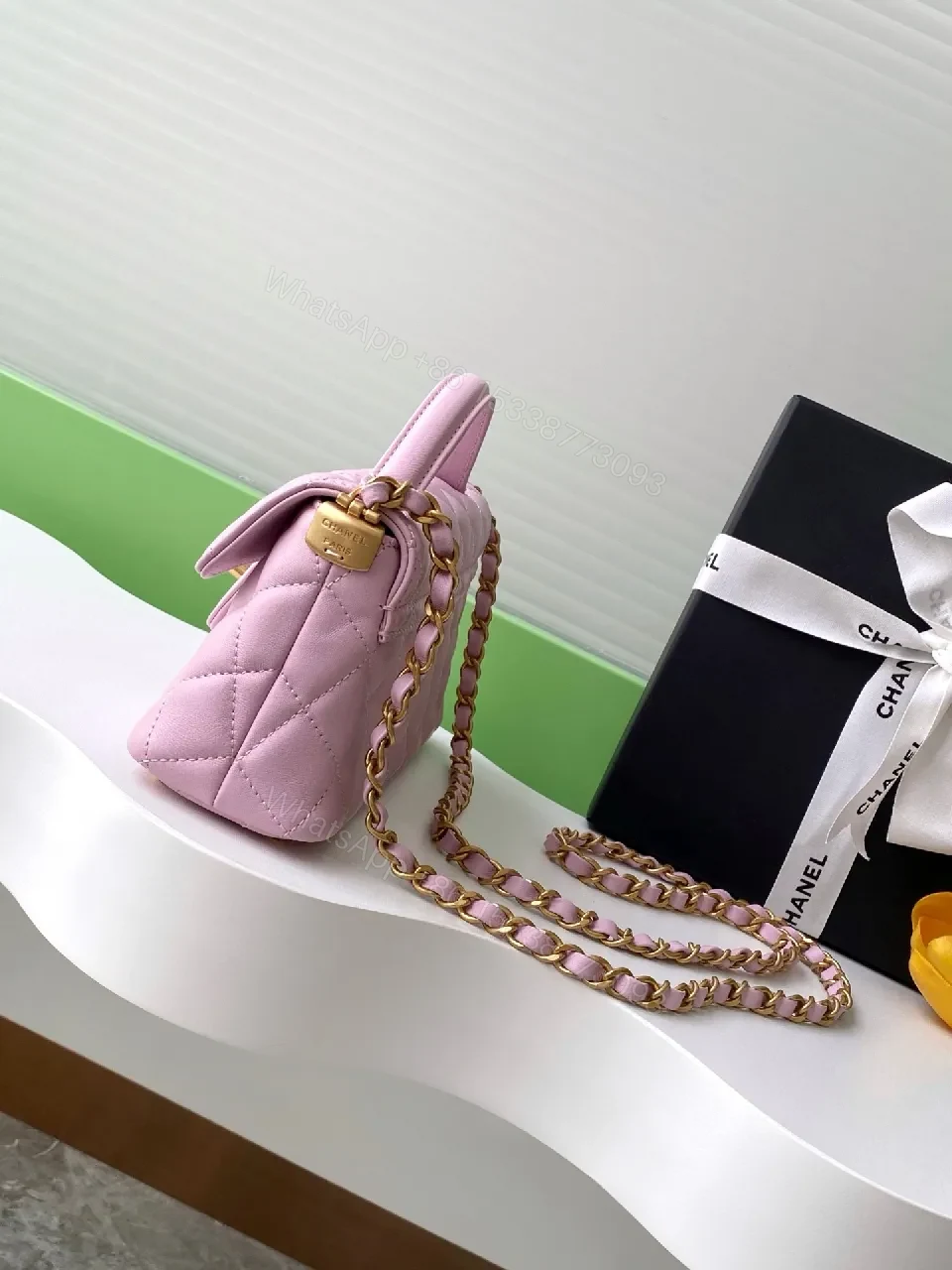 View 9 of Soft Pink Quilted Bag – Gold Hardware, Modern Elegance, Everyday