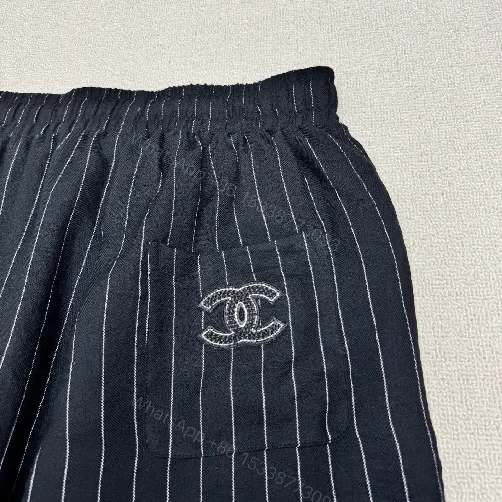 View 8 of Navy Pinstripe Linen Set with Chanel Logo Pocketless Style