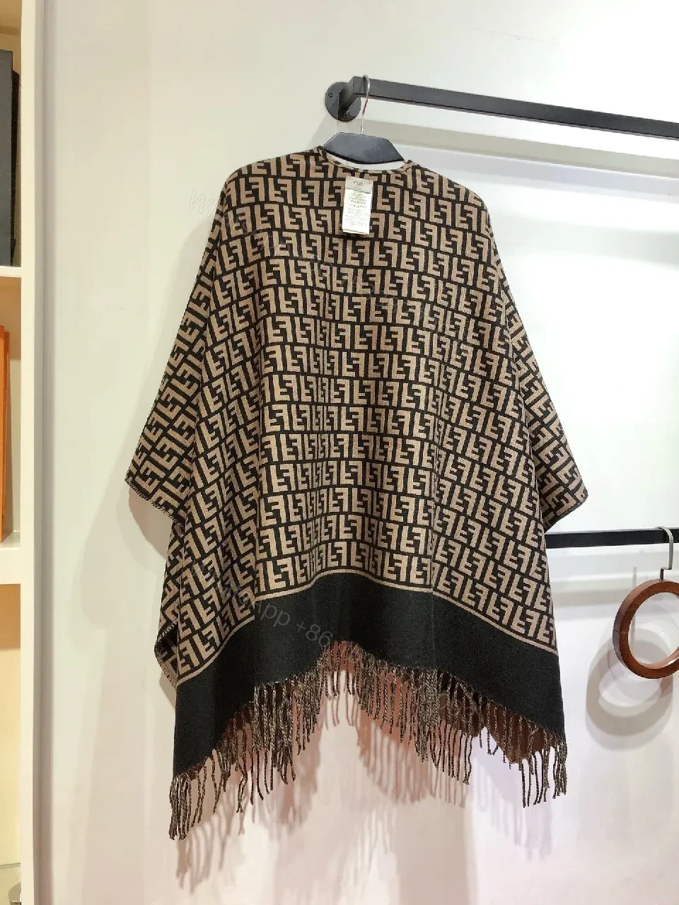 View 4 of Two-Tone Knit Poncho: Luxe Pattern & Soft Fringe