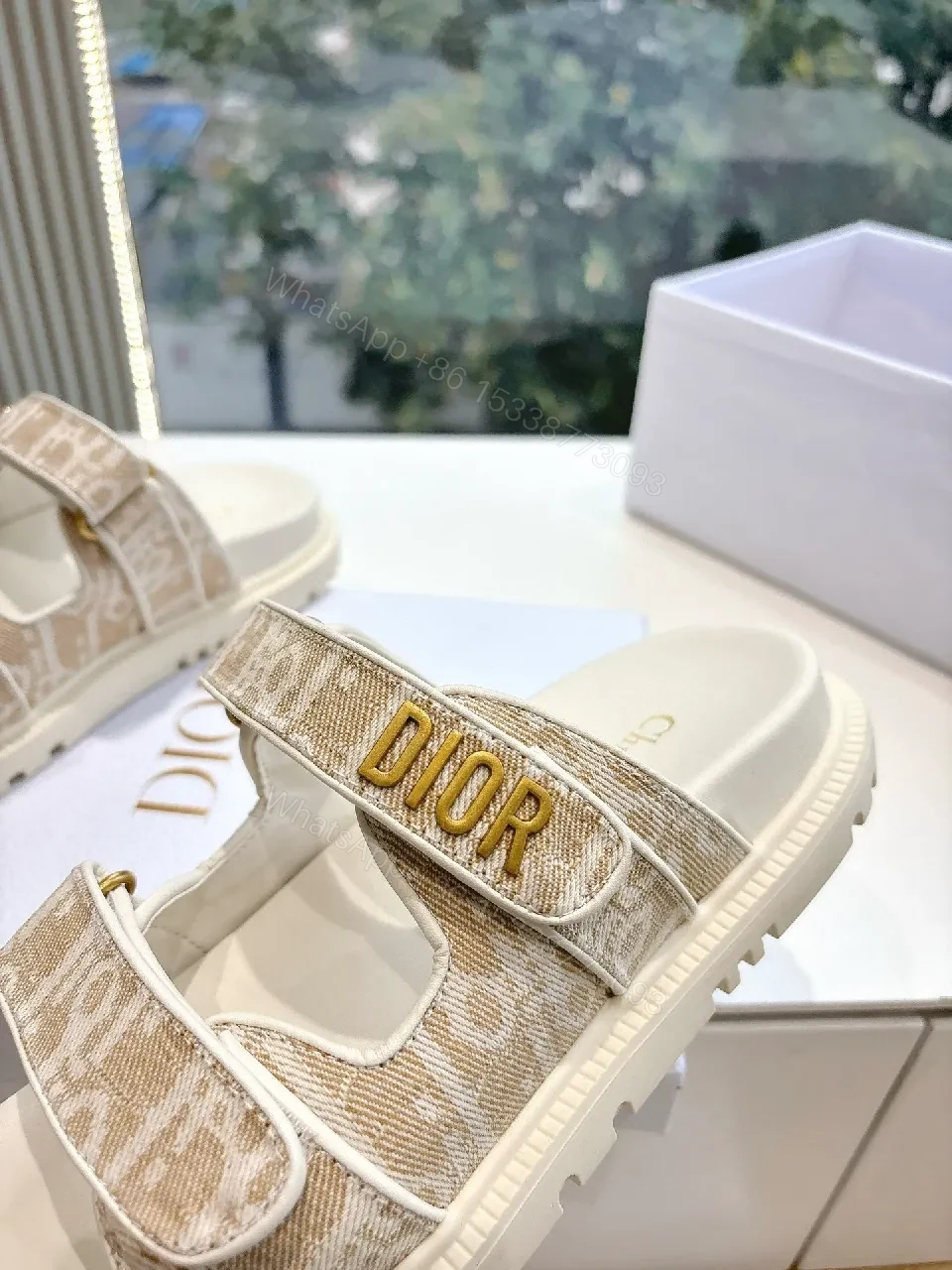 View 8 of Beige Monogram Strapped Slides: Elevated Comfort