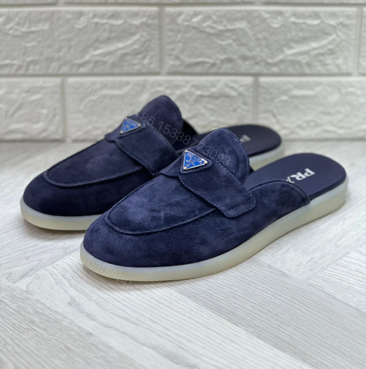 View 2 of Suede mules Enameled metal triangle logo