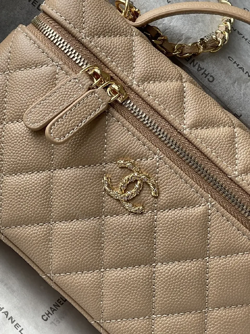 View 7 of Taupe Quilted Crossbody: Lambskin, Gold Chain, Classic Glamour