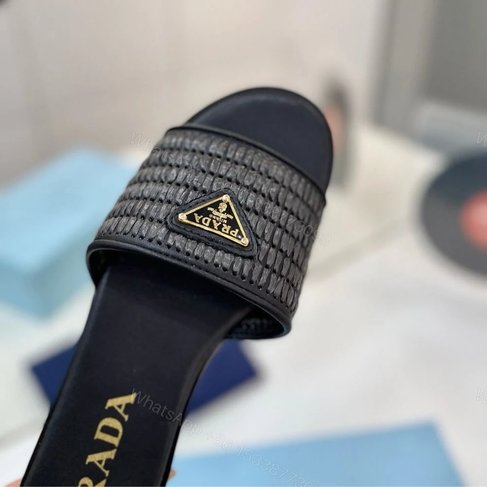 View 8 of Prada Leather Slides With Crochet Details Black