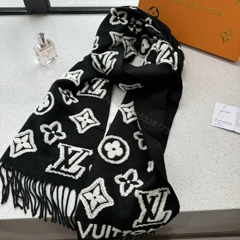 Lux Black Knit Scarf: LV-Inspired Monogram, White Stitch, Fringed — view 1