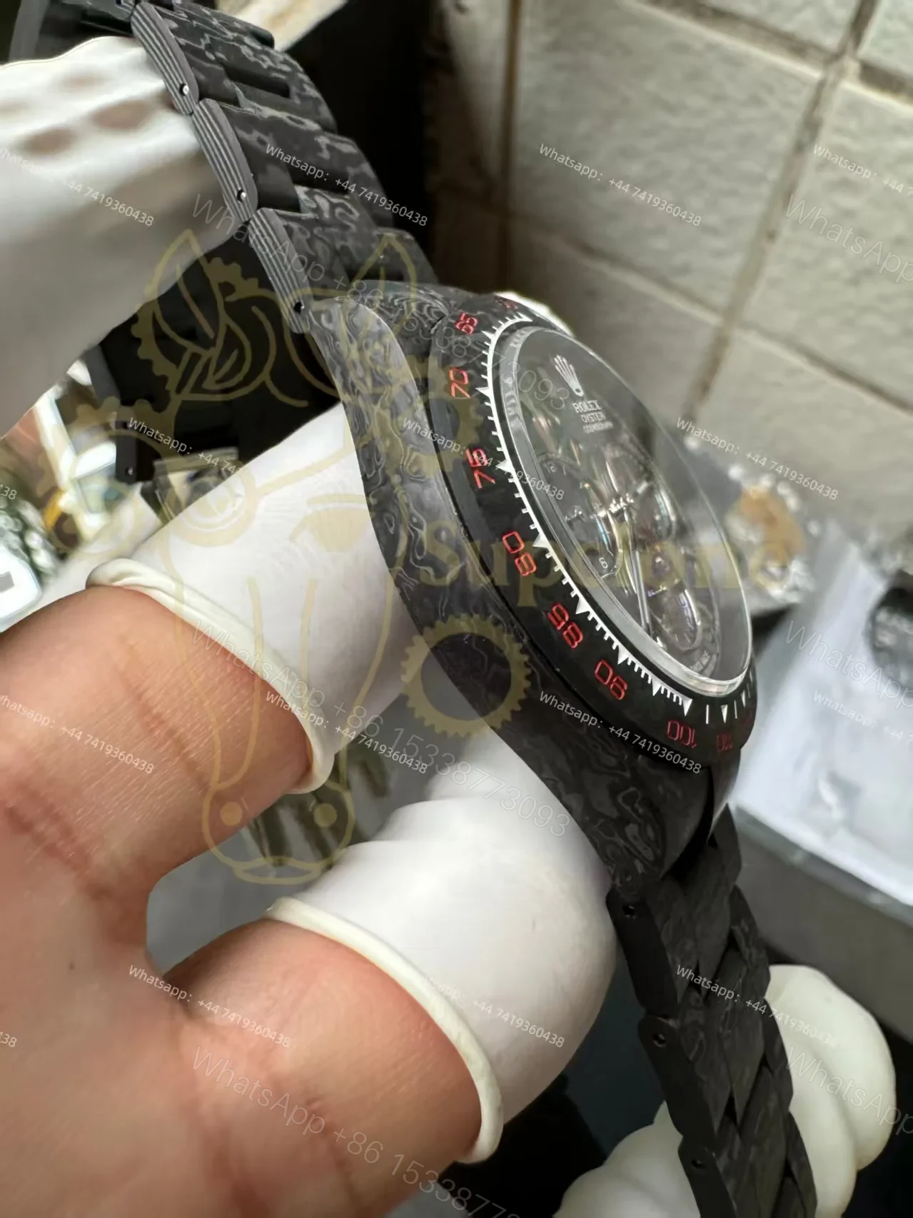 View 8 of Rolex Super Clone Carbon Fiber Daytona Skeleton Red Accents Gold Pushers