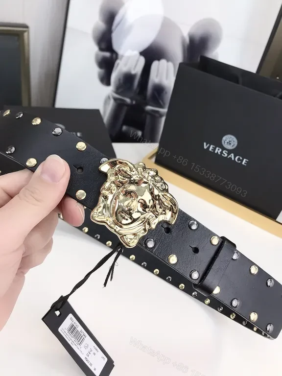 View 6 of Statement Belt: Black Leather, Medusa Buckle, Gold Studs, Luxury