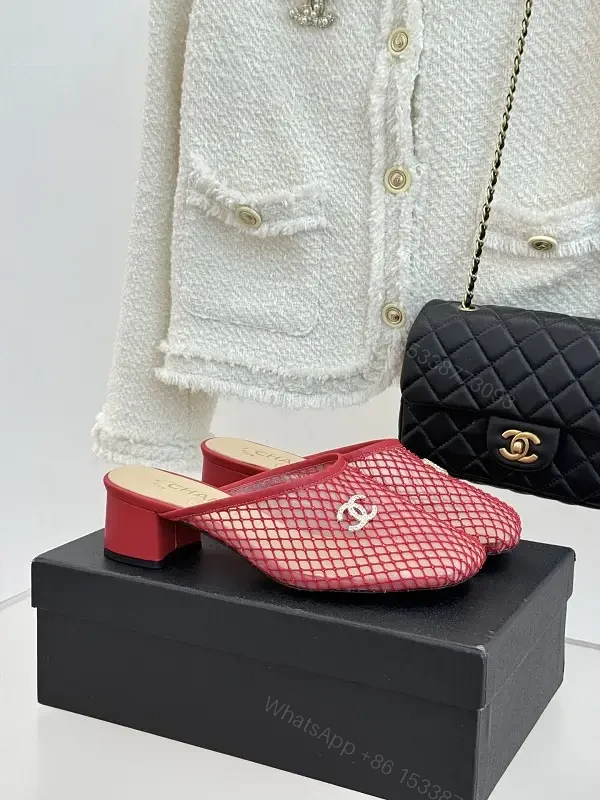 Red Mesh Mules Silver CC Logo, Block Heel, Chanel Style Shoes — view 1