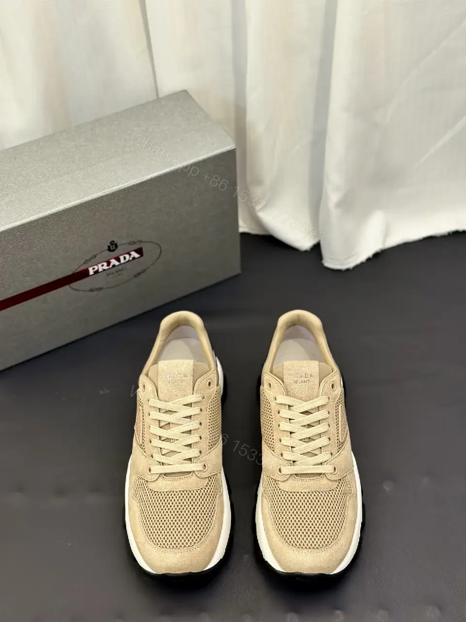 View 10 of Beige Mesh & Suede Sneakers, Lightweight Runner Style, Prada Lookalike