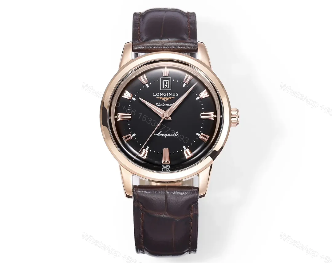 Longines Conquest Classic Re Edition Cyclops Watch Rose Gold with Black Dial and Brown Leather Strap — view 1