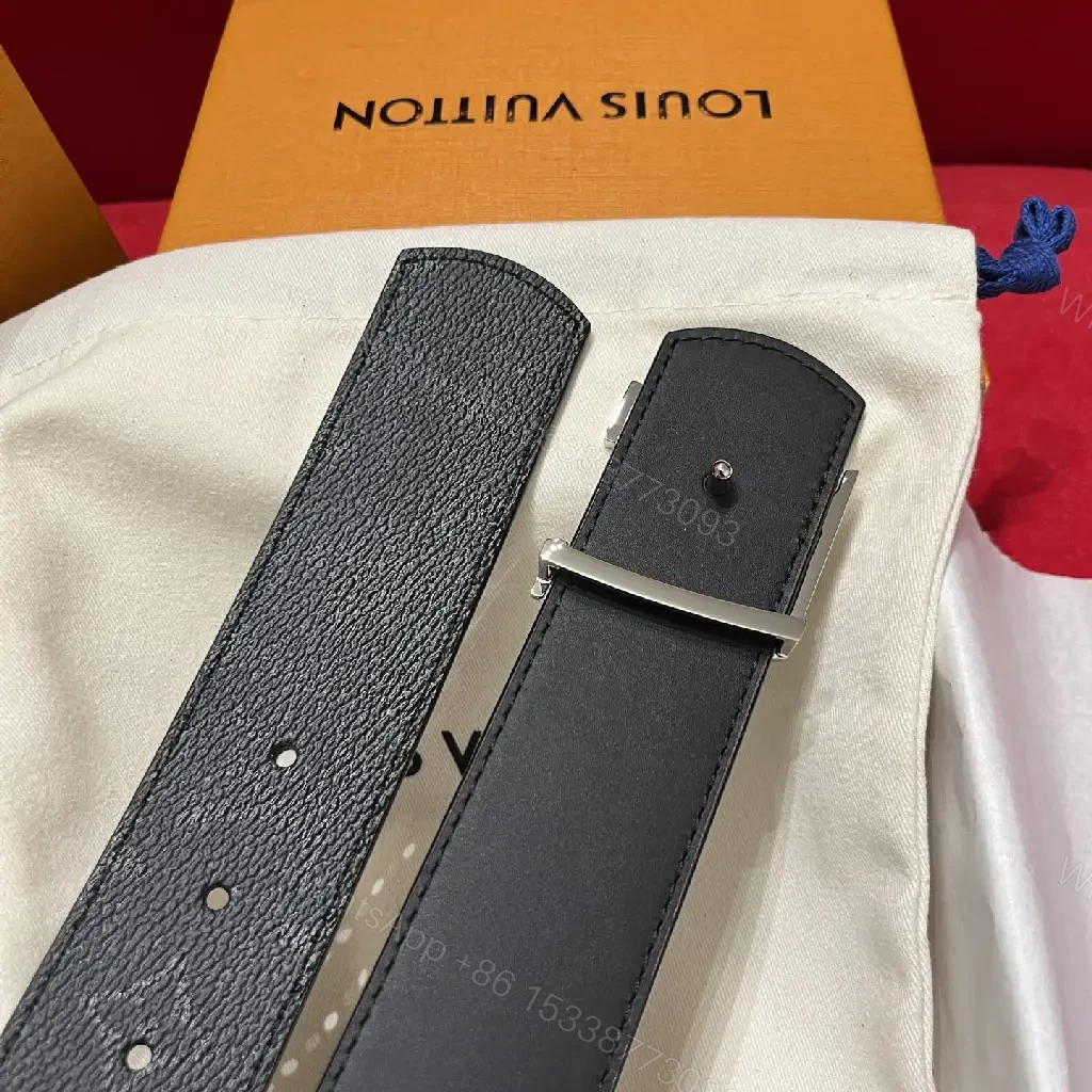View 2 of Black Leather Belt – Pebbled Grain, Silver LV Buckle, Classic Luxury