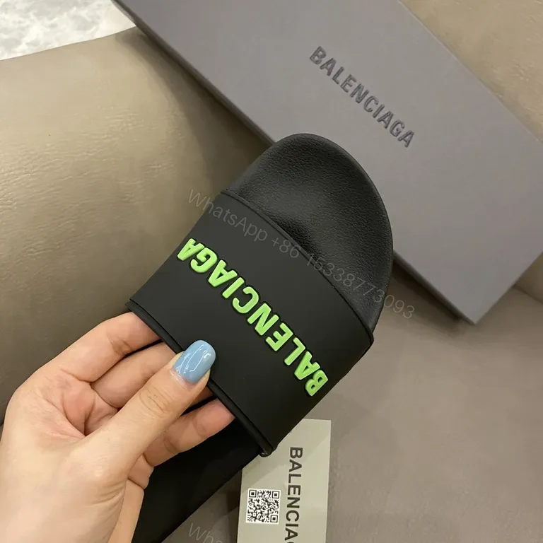 View 5 of Sleek Black Slides: Neon Balenciaga Logo, Allâ€‘Day Comfort