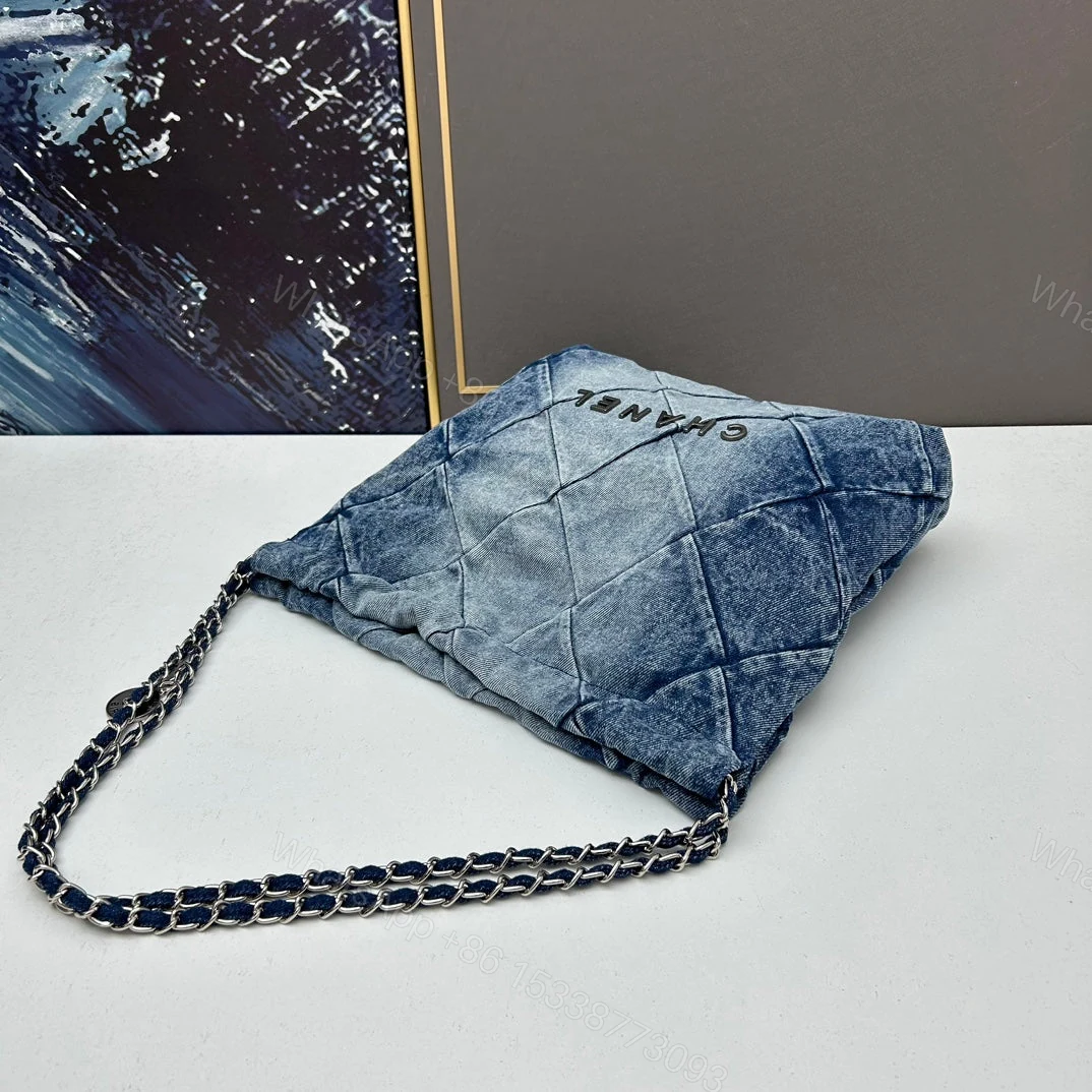 View 6 of Chanel Large 22 Bag Faded Blue Denim Silver Hardware