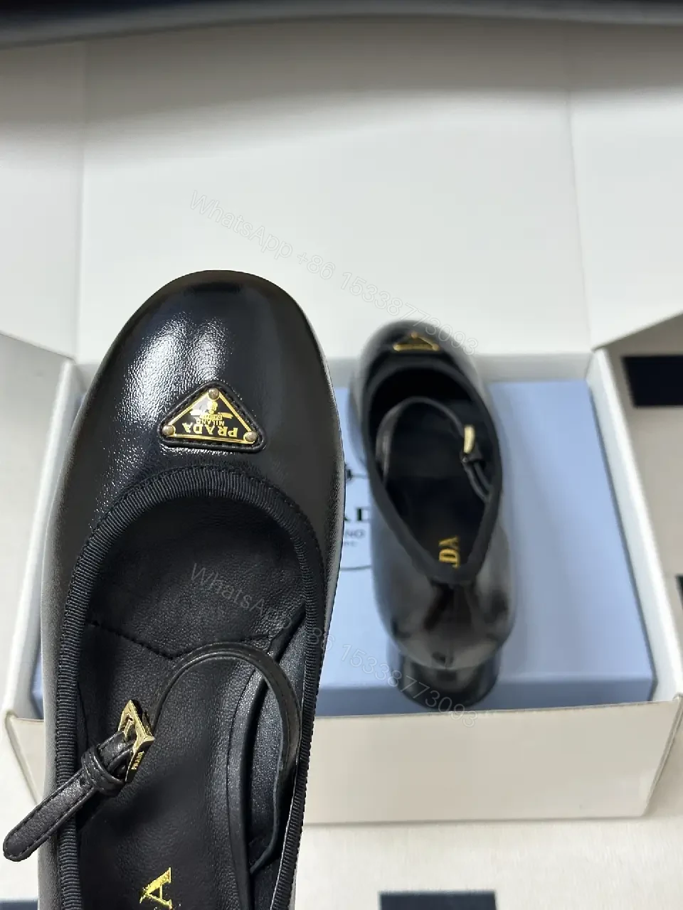 View 6 of Black Leather Mary Jane Heels with Logo Accent, Prada-inspired style
