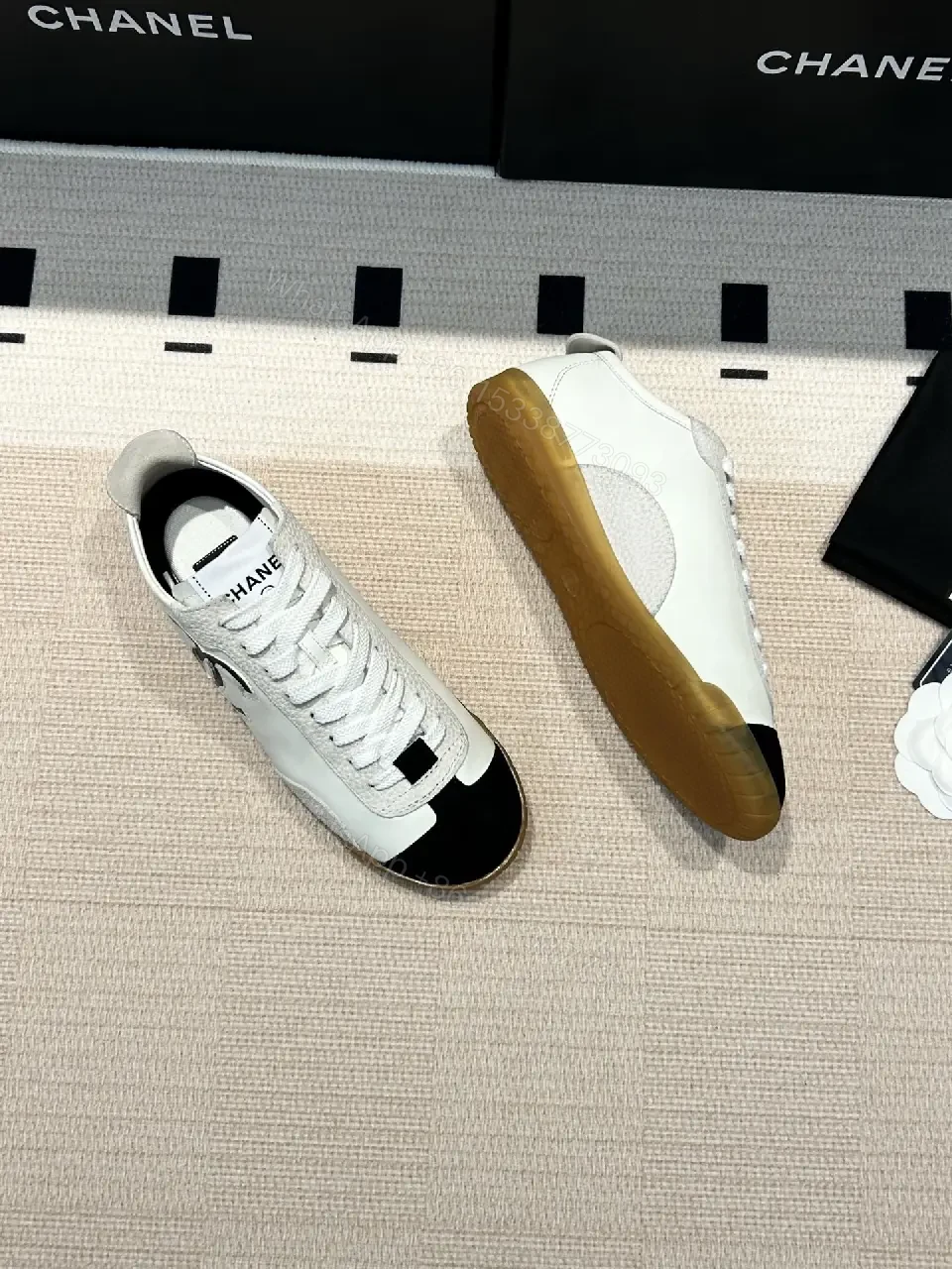 View 8 of White Leather Sneaker with Bold Logo, Gum Sole, Luxury Chic
