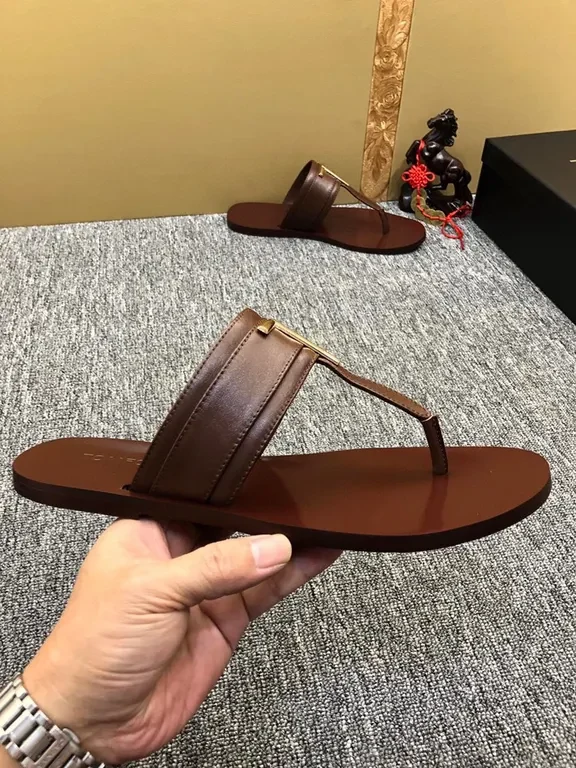 View 4 of Brown Leather T-Bar Sandal with Gold Hardware - Tom Ford Style