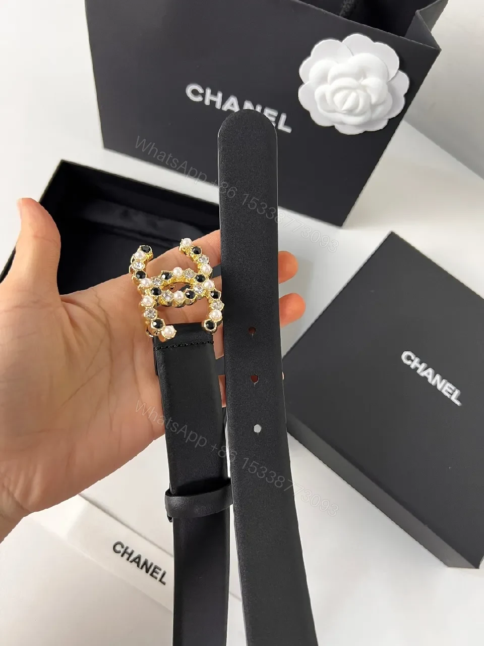 View 6 of Black Leather Belt with Crystal Buckle - Luxe, Versatile Accessory