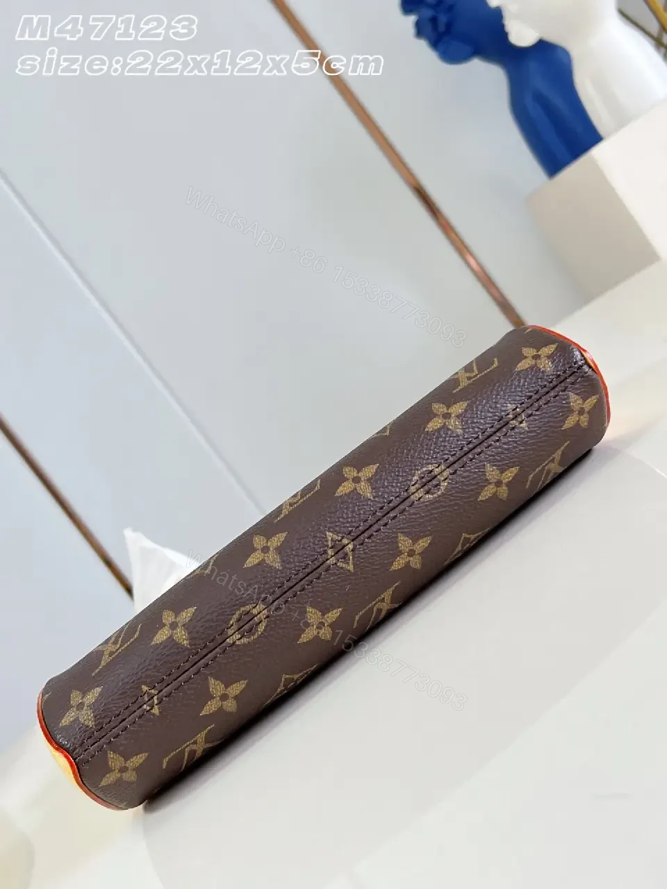 View 6 of Dark Brown LV Monogram Leather Clutch with Red Piping