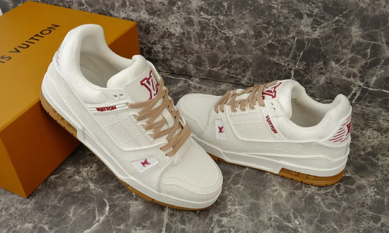 View 9 of Premium White Trail Runner – Beige Accents, Leather-Synthetic, Low-Profile, Discreet LV Details, Men’s Sneakers