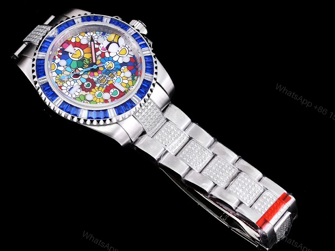 View 4 of Rolex Submariner Colorful Blue Bezel Replica 42MM Premium Pavé Oyster Bracelet RG-ROLEX-SUB-COLORFUL-BLUE-42
