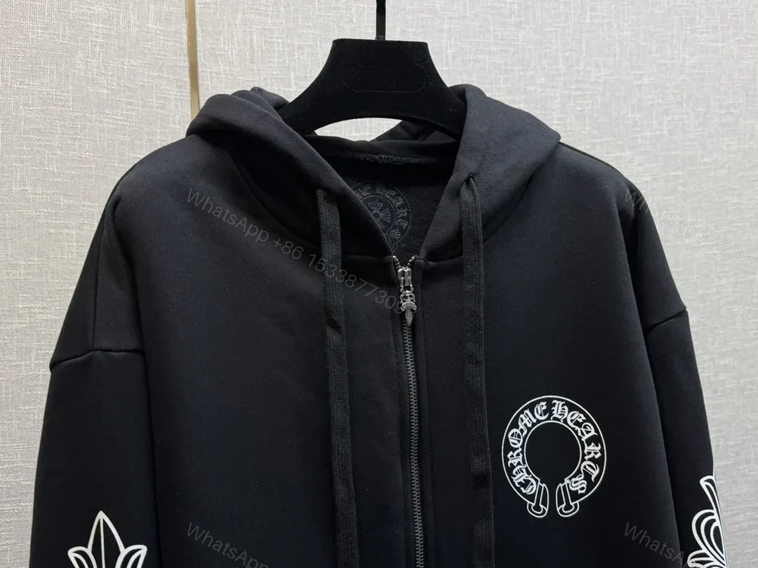 View 5 of Premium Black Zip Hoodie with Ornate Sleeve Embellishments