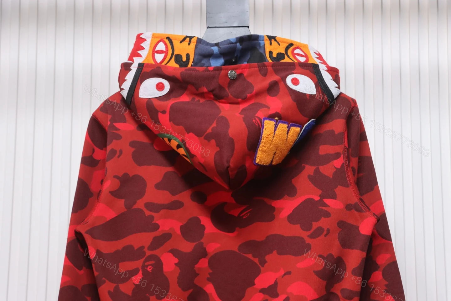 View 3 of BAPE Shark's Head Tiger's Head Zipper Camo Double Hoodie Red