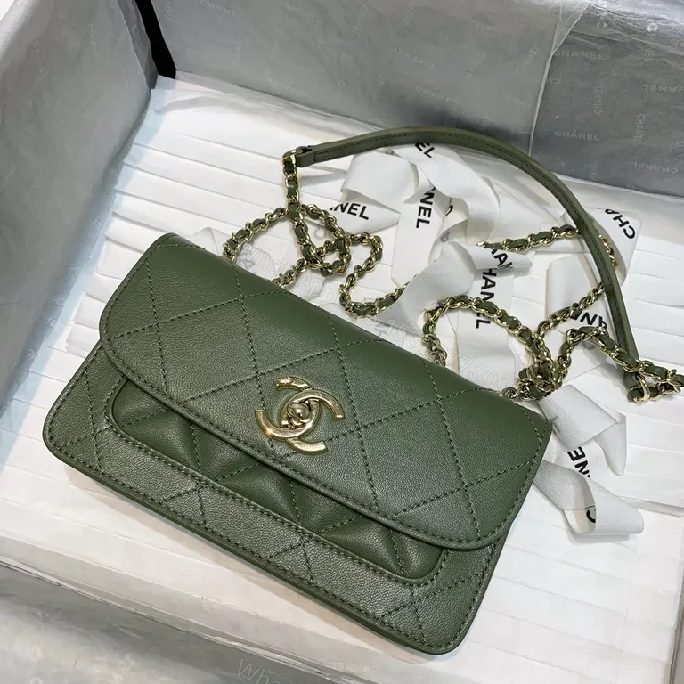 View 3 of Soft Green Quilted Shoulder Bag with Gold Chain