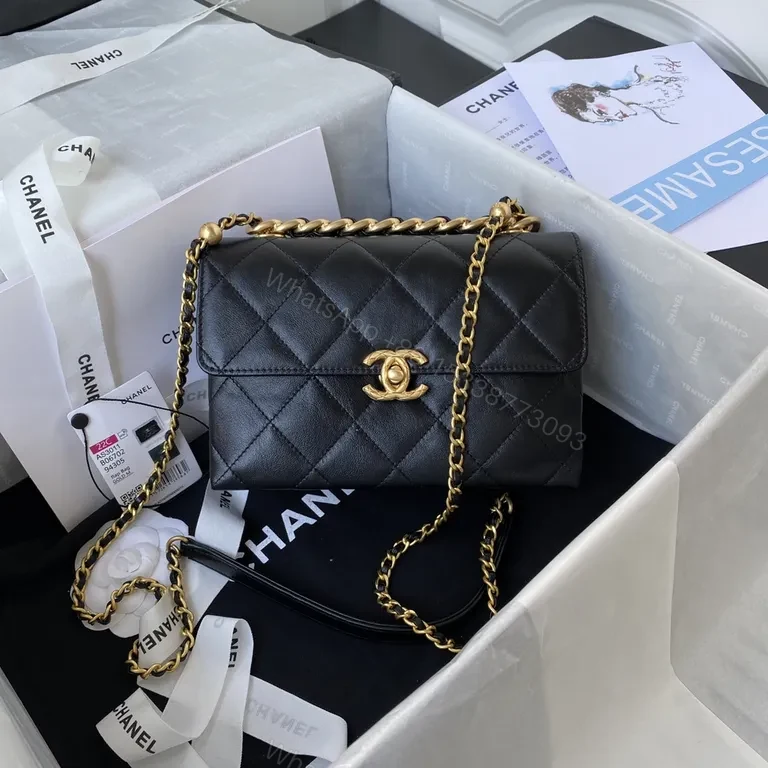 Quilted Noir Lambskin Flap Bag with Gold Chain — view 1