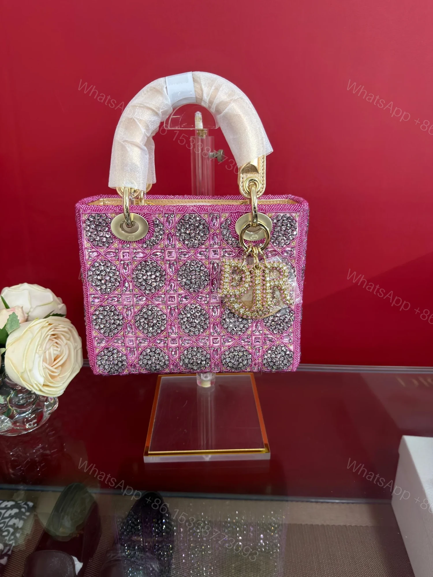 View 3 of LADY DIOR BAG Metallic Calfskin & Satin with Rose Des Vent