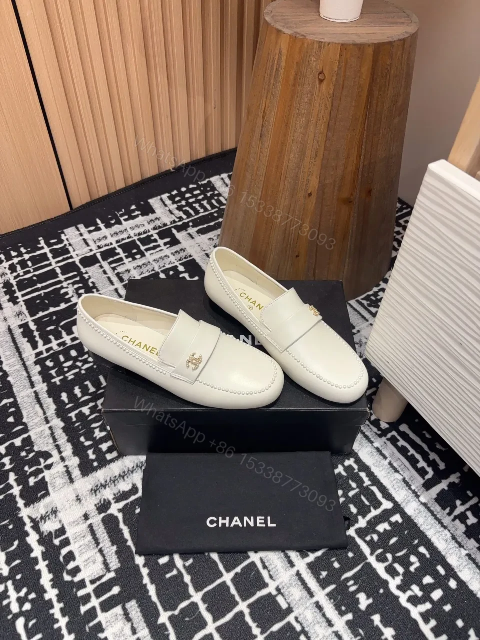 View 8 of Ivory Leather Loafers – Classic Gold Logo, Moccasin Toe