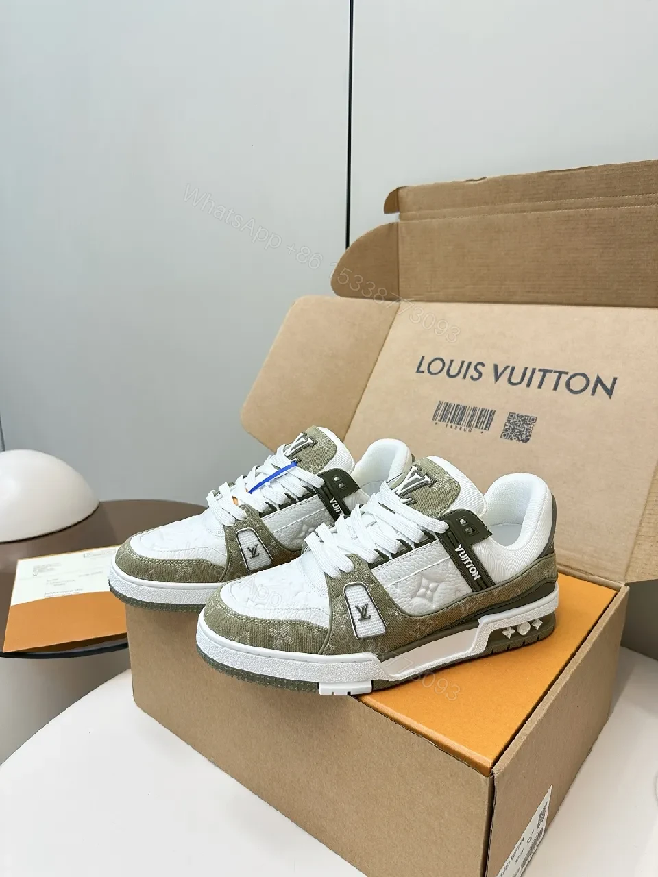 White & Olive Luxury Sneakers: Modern Texture, Subtle LV-Inspired Details — view 1