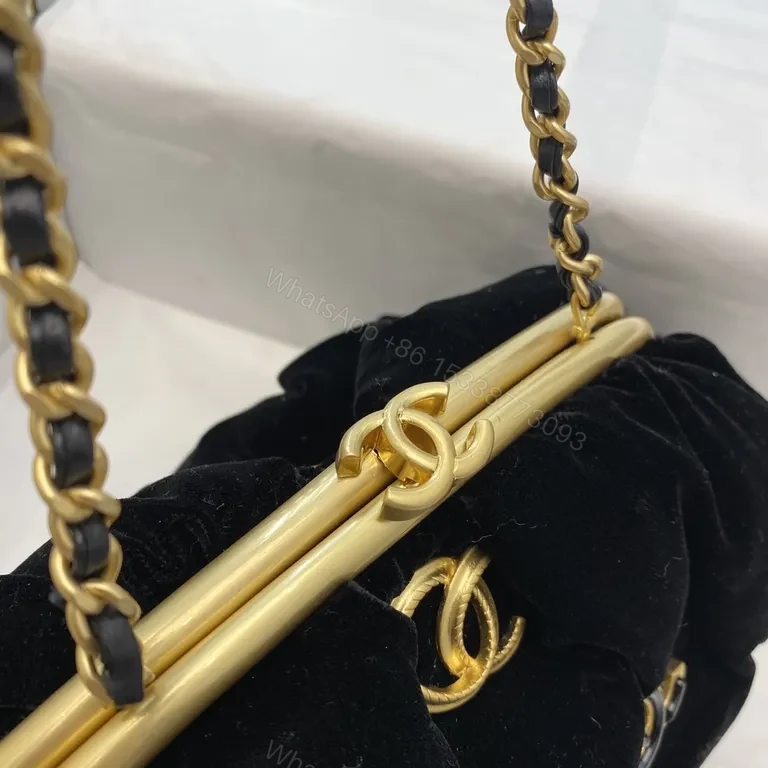 View 5 of Black Velvet Lounge Bag with Goldâ€“Silver Hardware Bag