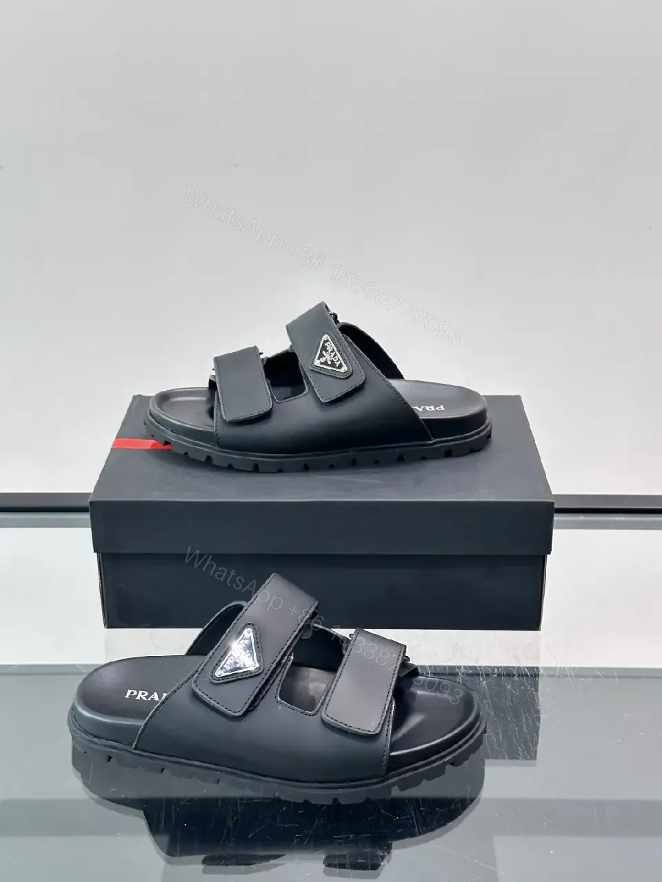 View 6 of Black Leather Sandals, Velcro Straps, Prada-Style Vintage Design Slippers