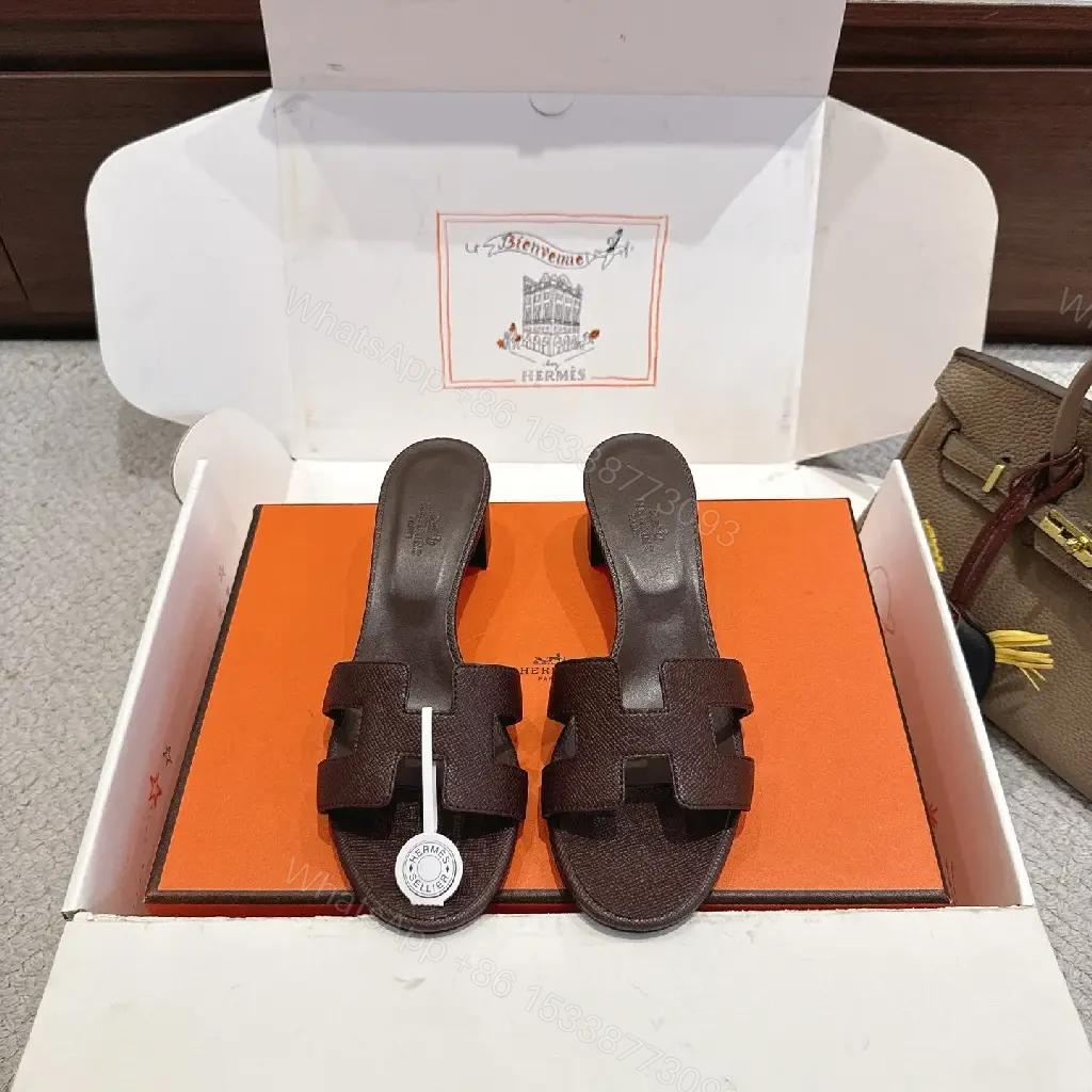 View 9 of Brown Leather H-Style Sandals - Hermes-Inspired Slide Sandals