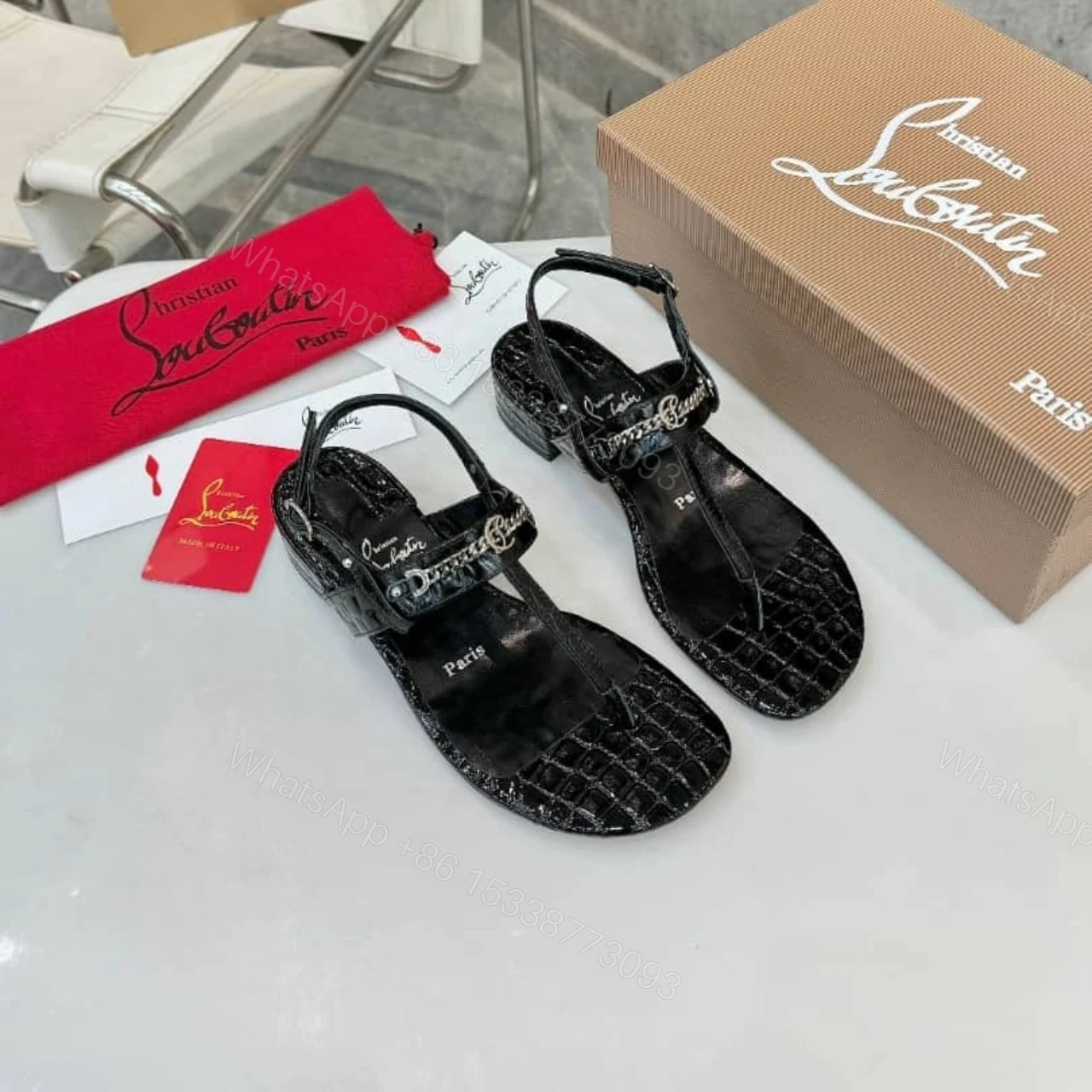 View 2 of CHRISTIAN LOUBOUTIN MJ EMBELLISHED CROC EFFECT PATENT SANDALS BLACK