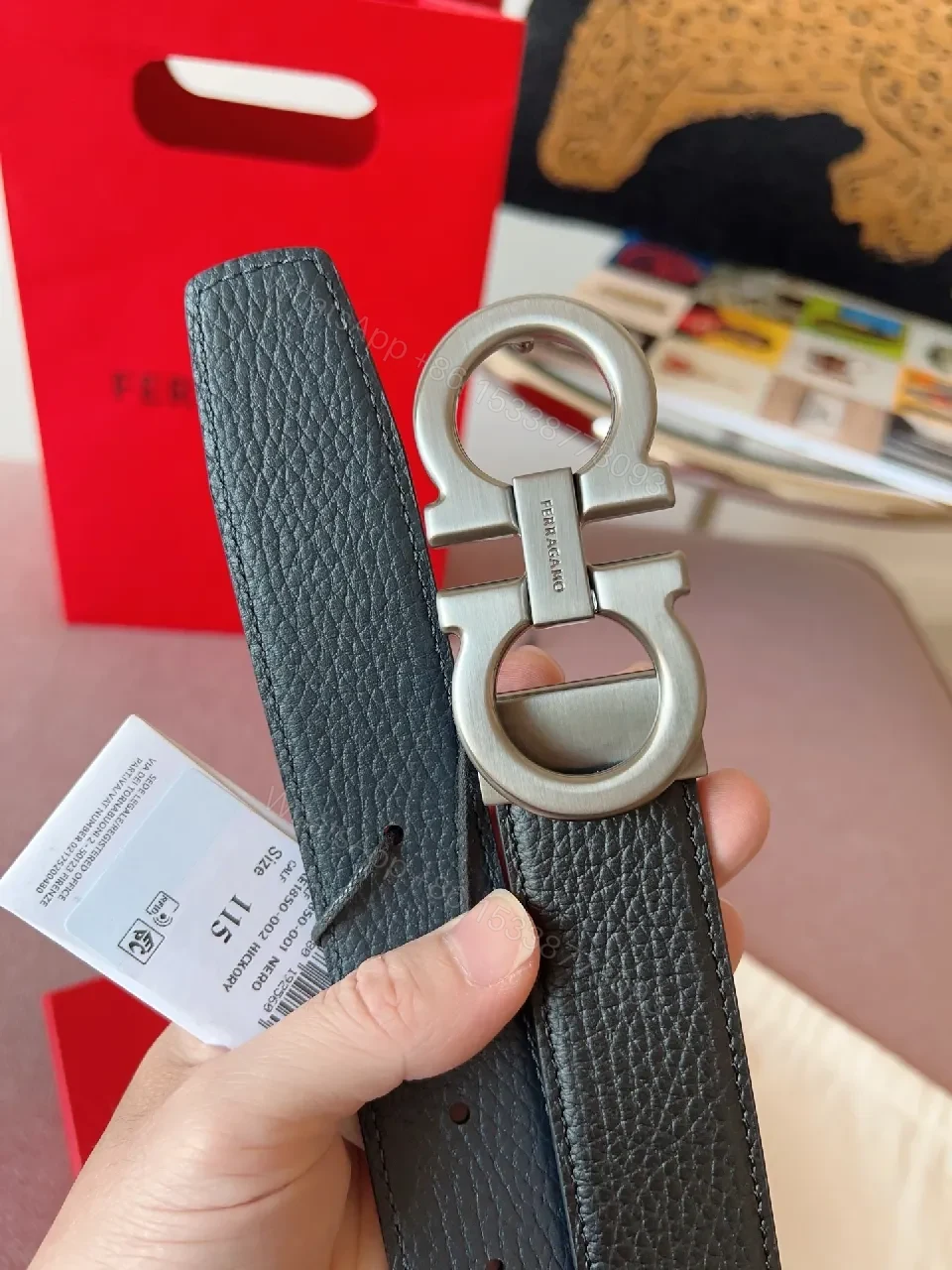 View 9 of Pebble Leather Belt with Bold Ferragamo-Style Buckle, Black, 1.5"