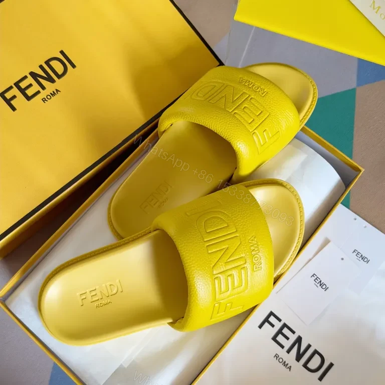 View 9 of Yellow Leather Slip-On Sandals by Fendi Roma + Contoured Comfort