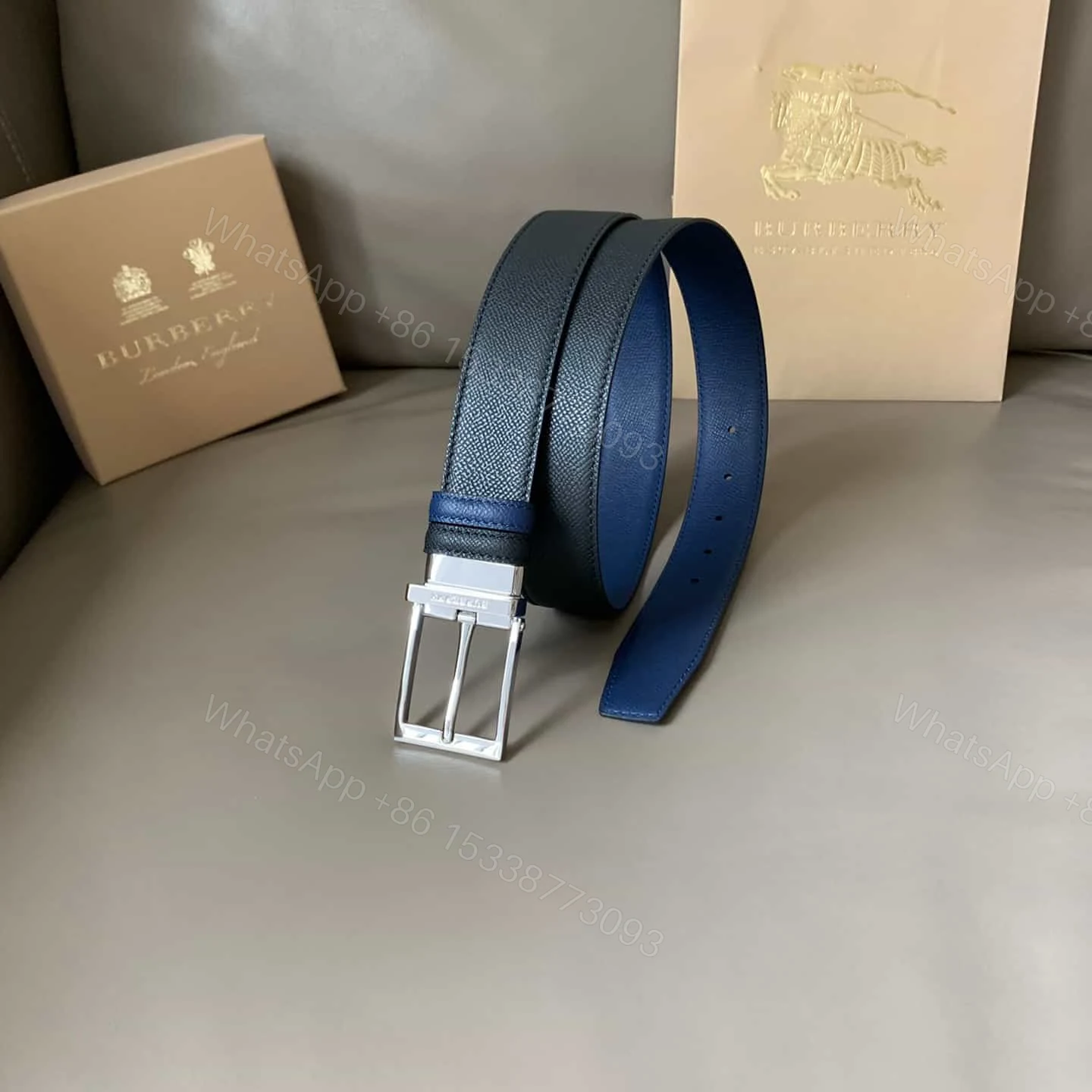 View 8 of BURBERRY REVERSIBLE LONDON CHECK AND LEATHER BELT DARK CHARCOALBLACK – B29
