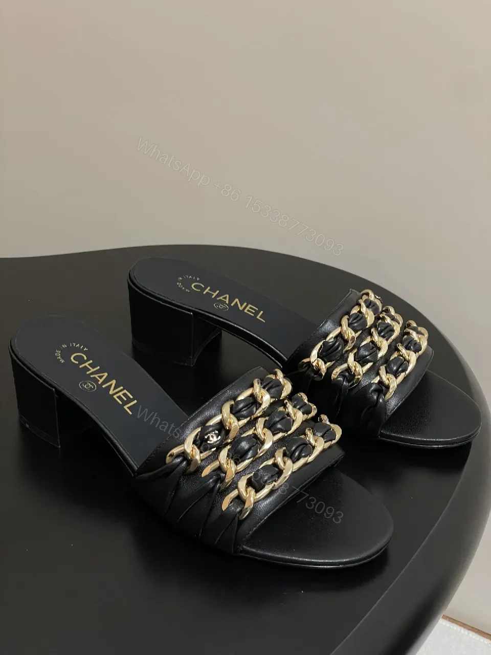 Black Leather Slide Sandals with Gold Chain Detail: Luxe Everyday — view 1
