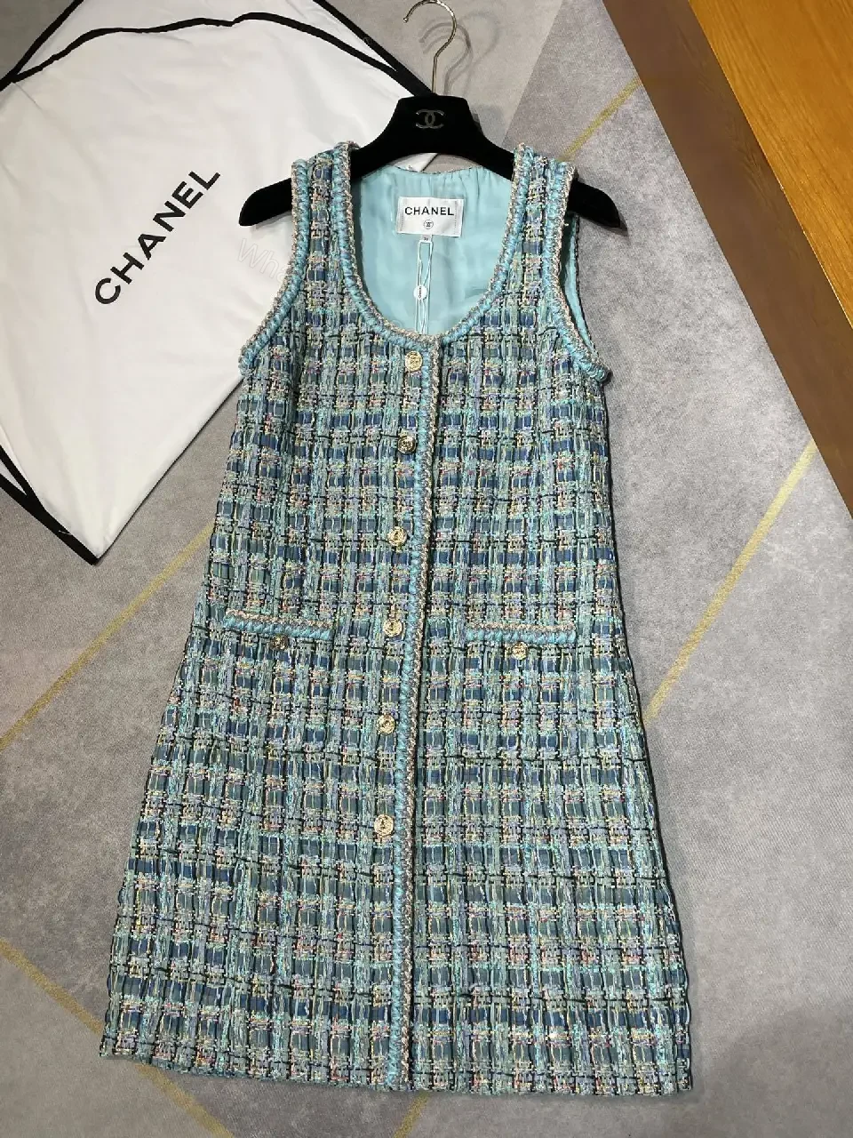 View 4 of Tweed Sleeveless Dress: Textured Button Front, Chic A-Line